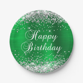 Silver Glitter Green Folie Happy Birthday Papieren Bordje