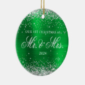 Silver Glitter Green Folie Onze 1e kerstfoto Keramisch Ornament (Rechts)