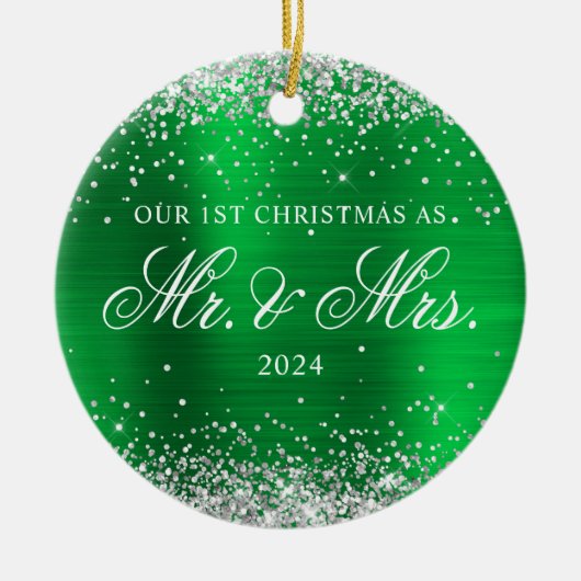 Silver Glitter Green Folie Onze 1e kerstfoto Keramisch Ornament (Voorkant)