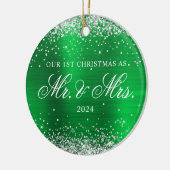 Silver Glitter Green Folie Onze 1e kerstfoto Keramisch Ornament (Links)