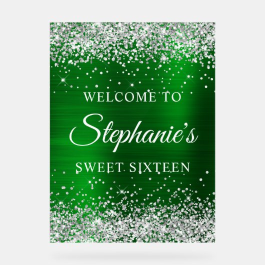 Silver Glitter Green Folie Sweet Sixteen Welkom Acryl Bord (Voorkant)