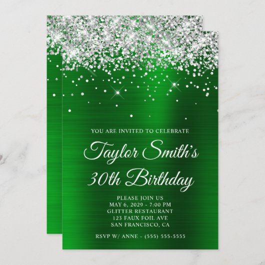 Silver Glitter Green Glam 30e verjaardag Kaart (Voorkant / Achterkant)