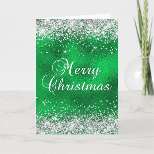 Silver Glitter Green Glass Folie Merry Kerstmis Kaart (Voorkant)