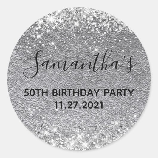Silver Glitter Grey Leather 50th Birthday Party Ronde Sticker (Voorkant)