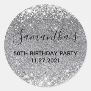 Silver Glitter Grey Leather 50th Birthday Party Ronde Sticker
