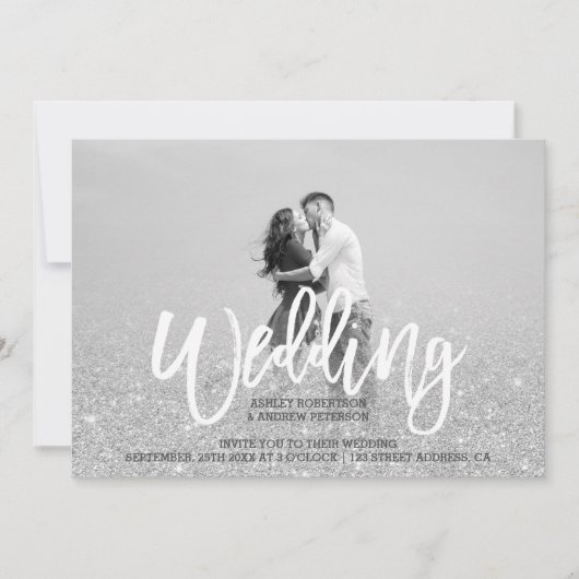 Silver glitter grijze foto bruiloft kaart (Voorkant)