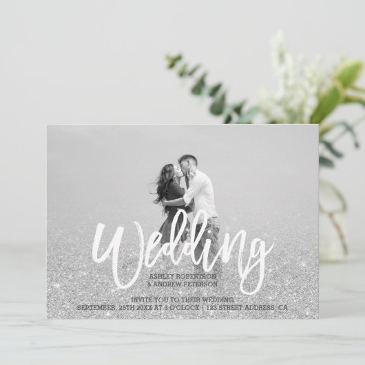 Silver glitter grijze foto bruiloft kaart (Staand voorkant)