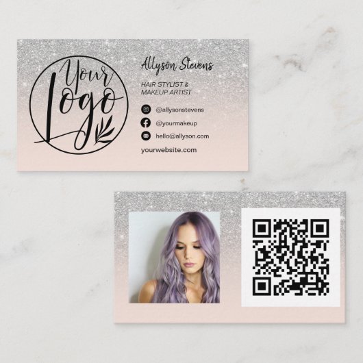 Silver glitter hair make-up foto logo qr code roze visitekaartje (Voorkant / Achterkant)
