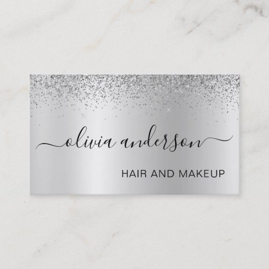 Silver Glitter Hair Makeup Salon Metallic Visitekaartje (Voorkant)
