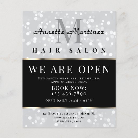 Silver glitter hair salon flyer (Achterkant)