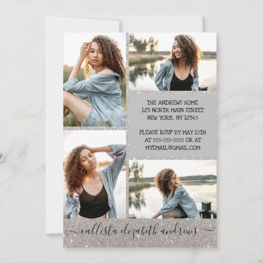 Silver Glitter Halo Photo Collage Afstuderen Kaart (Achterkant)