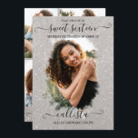 Silver Glitter Halo Photo Collage Sweet 16 Kaart<br><div class="desc">Deze en meisjes zoete fotocollage-uitnodiging voor zestien verjaardagsfeestjes is perfect voor het trendy en stijlvolle meisje. Het is voorzien van een faux, met dunne, zilveren glitter-penseelhalo op de bovenkant van een grote eigenschapfoto en elegante handgeschreven cursieve scripttypografie. Op de achterzijde staan vier meer aanpasbare afbeeldingen en de partijdetails met een...</div>