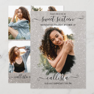 Silver Glitter Halo Photo Collage Sweet 16 Kaart