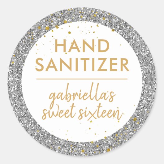 Silver Glitter Hand Sanitizer Birthday Favor Ronde Sticker (Voorkant)