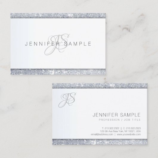Silver Glitter Handgeschreven Monogram Sjabloon Visitekaartje (Voorkant / Achterkant)