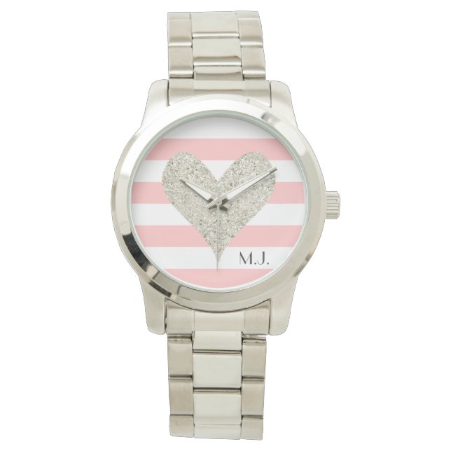 Silver Glitter Heart Horloge (Voorkant)