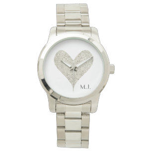 Silver Glitter Heart Horloge