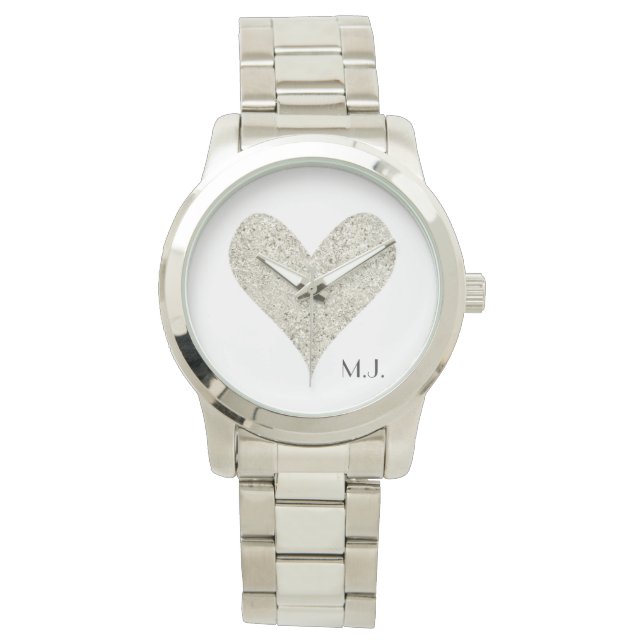 Silver Glitter Heart Horloge (Voorkant)