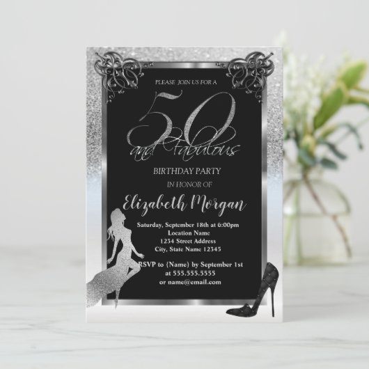 Silver Glitter High Heels 50th Birthday Party Kaart (Staand voorkant)