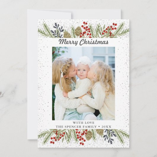 Silver Glitter Holly Berries kerstfoto Feestdagenkaart (Voorkant)