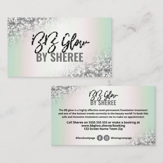 Silver Glitter Holographic BB Glow Treatment Visitekaartje (Voorkant / Achterkant)
