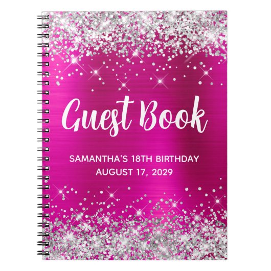 Silver Glitter Hot Pink 18th Birthday Guestbook Notitieboek (Voorkant)