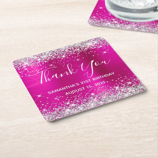 Silver Glitter Hot Pink 21e verjaardag Dank u Kartonnen Onderzetters (Schuin)