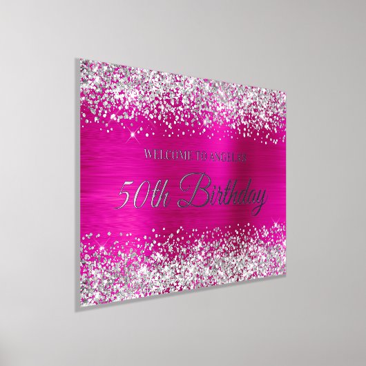 Silver Glitter Hot Pink 50th Birthday Welkom Folie Afdrukken (Laagn)