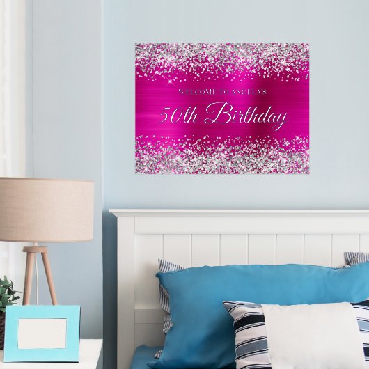 Silver Glitter Hot Pink 50th Birthday Welkom Folie Afdrukken (Insitu (Slaapkamer))