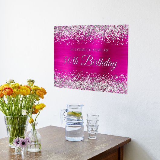 Silver Glitter Hot Pink 50th Birthday Welkom Folie Afdrukken (Laag (Keuken))