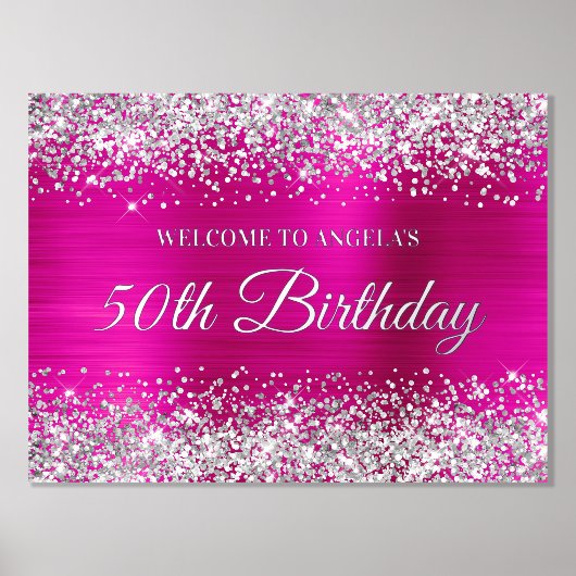 Silver Glitter Hot Pink 50th Birthday Welkom Folie Afdrukken (Voorkant)