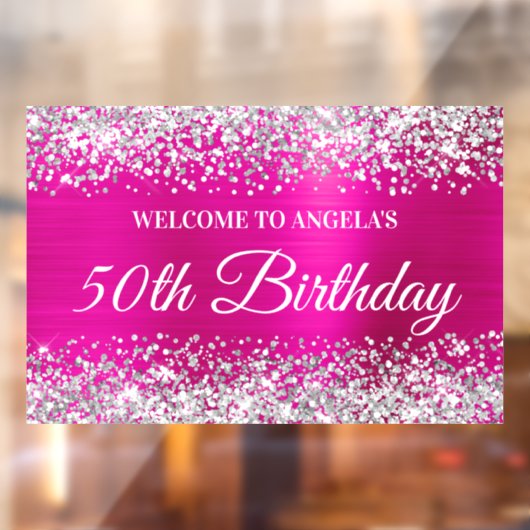 Silver Glitter Hot Pink 50th Birthday Welkom Raamsticker (Vel 2)
