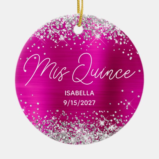 Silver Glitter Hot Pink Fancy Mis Quince Foto Keramisch Ornament (Voorkant)