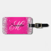 Silver Glitter Hot Pink Fancy Monogram Bagagelabel (Voorkant horizontaal)