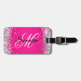 Silver Glitter Hot Pink Fancy Monogram Bagagelabel