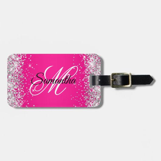 Silver Glitter Hot Pink Fancy Monogram Bagagelabel (Voorkant horizontaal)