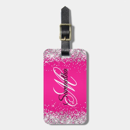 Silver Glitter Hot Pink Fancy Monogram Bagagelabel (Voorkant verticaal)