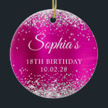 Silver Glitter Hot Pink Folie 18th Birthday Foto Keramisch Ornament<br><div class="desc">Creëer je eigen 18e verjaardag keepsake ornament met een foto op de rug. Wijzig desgewenst de kleur van het witte lettertype. Het digitale kunstwerk beschikt over faux silver glitter, sparkles en een hete roze, fuchsia en magenta geborstelde metalen folie. De kunstelementen printen als een foto. Als je de foto op...</div>