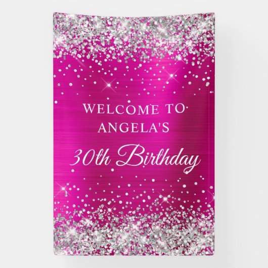 Silver Glitter Hot Pink Folie 30e Verjaardag V Spandoek (Verticaal)