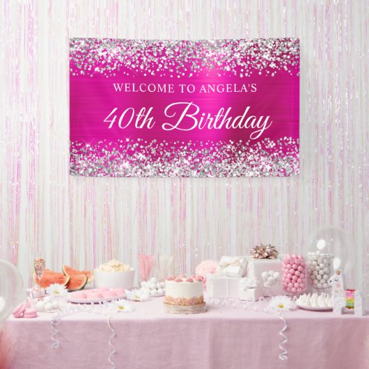 Silver Glitter Hot Pink Folie 40e verjaardag Welko Spandoek (Feest)