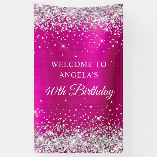 Silver Glitter Hot Pink Folie 40th Birthday V Spandoek (Verticaal)