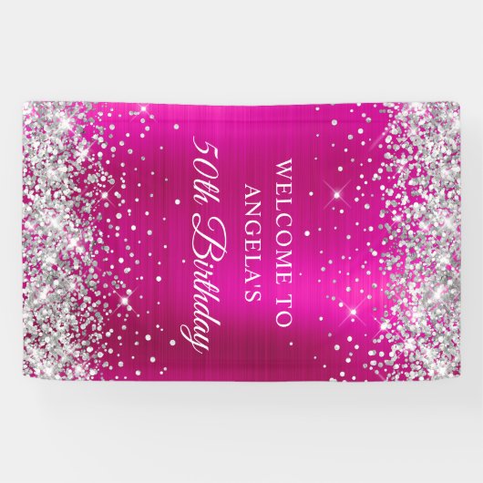 Silver Glitter Hot Pink Folie 50e Verjaardag V Spandoek (Horizontaal)