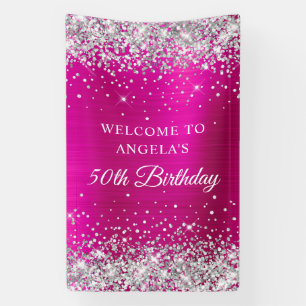 Silver Glitter Hot Pink Folie 50e Verjaardag V Spandoek