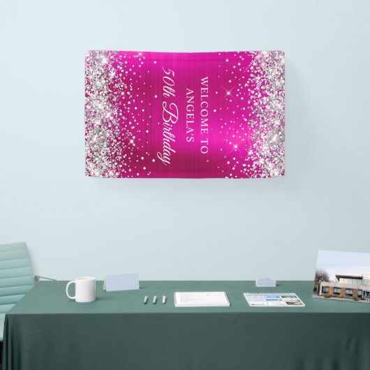 Silver Glitter Hot Pink Folie 50e Verjaardag V Spandoek (Beurs)