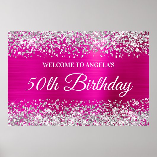 Silver Glitter Hot Pink Folie 50e verjaardag Welko Poster (Voorkant)