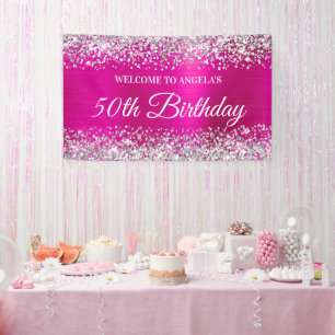 Silver Glitter Hot Pink Folie 50e verjaardag Welko Spandoek
