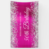 Silver Glitter Hot Pink Folie 50e verjaardag Welko Spandoek (Verticaal)