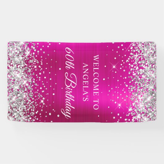 Silver Glitter Hot Pink Folie 60e Verjaardag V Spandoek (Horizontaal)