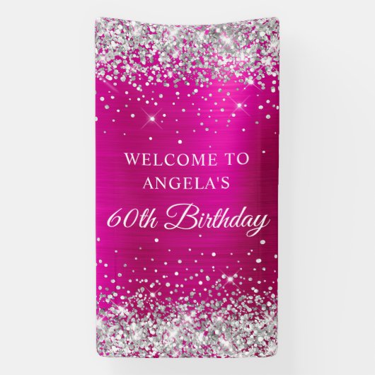 Silver Glitter Hot Pink Folie 60e Verjaardag V Spandoek (Verticaal)