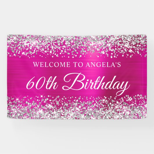 Silver Glitter Hot Pink Folie 60e Verjaardag Welko Spandoek (Horizontaal)